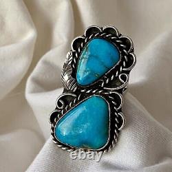 Vintage Navajo Large Double Turquoise Sterling Silver Ring Size 6.5 -7