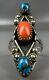 Vintage Navajo Long Sterling Silver Turquoise & Coral Ring