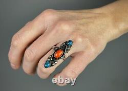 Vintage Navajo Long Sterling Silver Turquoise & Coral Ring