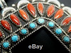 Vintage Navajo MC Turquoise Nugget Gemstone Coral Large Sterling Necklace 18