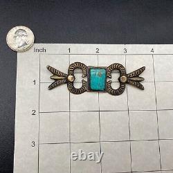 Vintage Navajo Mary Cayatineto Sterling Silver Turquoise Stamped Brooch Pin