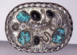Vintage Navajo Mike Chee Turquoise Black Sterling Silver Belt Buckle