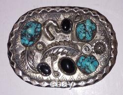 Vintage Navajo Mike Chee Turquoise Black Sterling Silver Belt Buckle