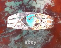 Vintage Navajo Mine #8 Turquoise & Sterling Cuff Fred Harvey Style Arrows 22 Gr