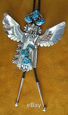 Vintage Navajo Mkd. Sterling Silver Kachina Bolo Artist Sign Turquoise & Corral