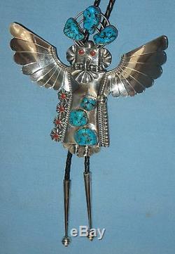 Vintage Navajo Mkd. Sterling Silver Kachina Bolo Artist Sign Turquoise & Corral