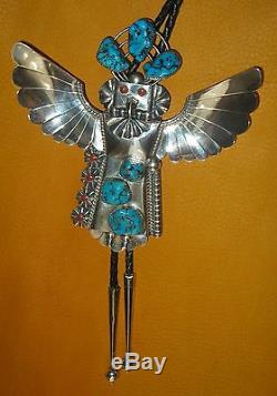 Vintage Navajo Mkd. Sterling Silver Kachina Bolo Artist Sign Turquoise & Corral