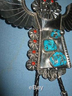 Vintage Navajo Mkd. Sterling Silver Kachina Bolo Artist Sign Turquoise & Corral