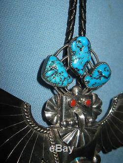 Vintage Navajo Mkd. Sterling Silver Kachina Bolo Artist Sign Turquoise & Corral