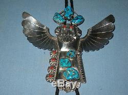 Vintage Navajo Mkd. Sterling Silver Kachina Bolo Artist Sign Turquoise & Corral