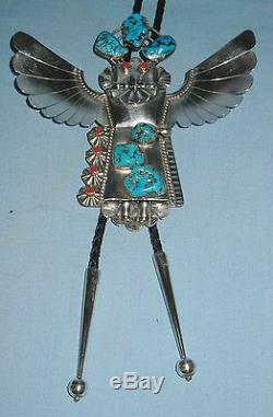 Vintage Navajo Mkd. Sterling Silver Kachina Bolo Artist Sign Turquoise & Corral