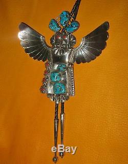 Vintage Navajo Mkd. Sterling Silver Kachina Bolo Artist Sign Turquoise & Corral