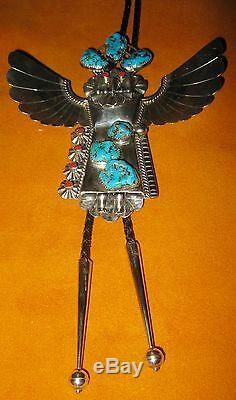 Vintage Navajo Mkd. Sterling Silver Kachina Bolo Artist Sign Turquoise & Corral