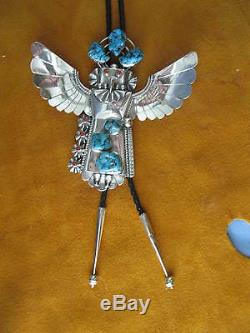 Vintage Navajo Mkd. Sterling Silver Kachina Bolo Artist Sign Turquoise & Corral