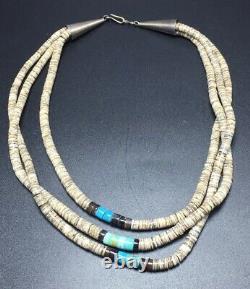 Vintage Navajo Native American Heishi & Turquoise Triple Strand Beaded Necklace