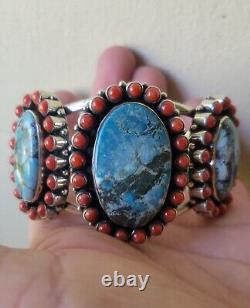 Vintage Navajo Native American Indian Sterling Silver Turquoise Coral Bracelet