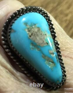 Vintage Navajo Native American Silver Blue Turquoise Ring Size 8 Rugged Stone