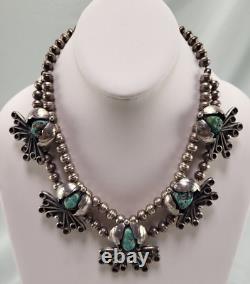 Vintage Navajo Native American Silver & Turquoise Necklace Signed RKC 17.5 Long