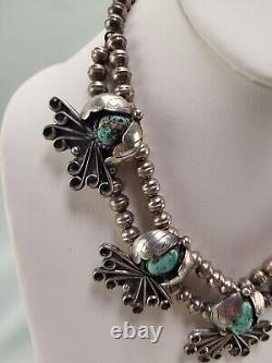 Vintage Navajo Native American Silver & Turquoise Necklace Signed RKC 17.5 Long