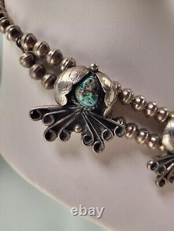 Vintage Navajo Native American Silver & Turquoise Necklace Signed RKC 17.5 Long