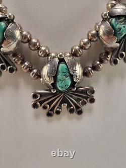 Vintage Navajo Native American Silver & Turquoise Necklace Signed RKC 17.5 Long