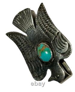 Vintage Navajo Native American Silver Turquoise Thunderbird Artisan Money Clip