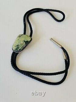 Vintage Navajo Native American Sterling Silver Green Turquoise Leather Bolo Tie