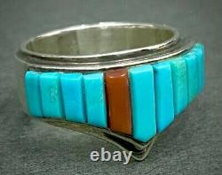 Vintage Navajo Native American Sterling Silver Turquoise Cornrow Inlay Ring