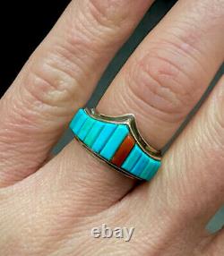 Vintage Navajo Native American Sterling Silver Turquoise Cornrow Inlay Ring