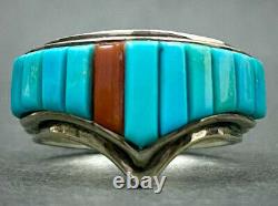 Vintage Navajo Native American Sterling Silver Turquoise Cornrow Inlay Ring