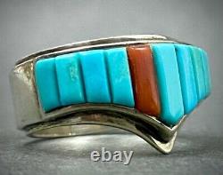 Vintage Navajo Native American Sterling Silver Turquoise Cornrow Inlay Ring