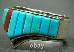 Vintage Navajo Native American Sterling Silver Turquoise Cornrow Inlay Ring