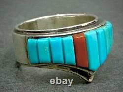 Vintage Navajo Native American Sterling Silver Turquoise Cornrow Inlay Ring