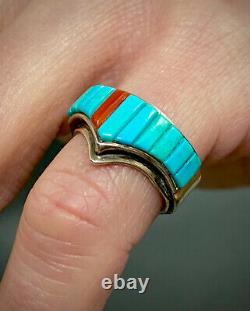 Vintage Navajo Native American Sterling Silver Turquoise Cornrow Inlay Ring