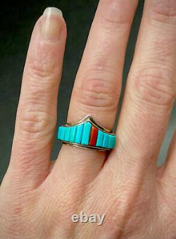 Vintage Navajo Native American Sterling Silver Turquoise Cornrow Inlay Ring