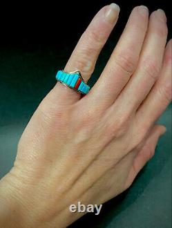 Vintage Navajo Native American Sterling Silver Turquoise Cornrow Inlay Ring