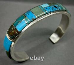 Vintage Navajo Native American Sterling Silver Turquoise Inlay Cuff Bracelet