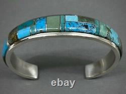 Vintage Navajo Native American Sterling Silver Turquoise Inlay Cuff Bracelet