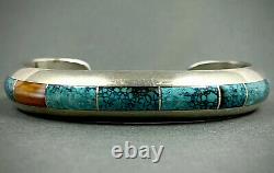 Vintage Navajo Native American Sterling Silver Turquoise Inlay Cuff Bracelet