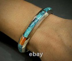 Vintage Navajo Native American Sterling Silver Turquoise Inlay Cuff Bracelet