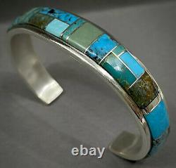 Vintage Navajo Native American Sterling Silver Turquoise Inlay Cuff Bracelet