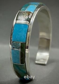 Vintage Navajo Native American Sterling Silver Turquoise Inlay Cuff Bracelet