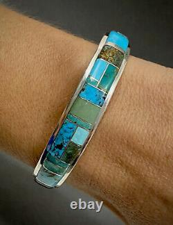 Vintage Navajo Native American Sterling Silver Turquoise Inlay Cuff Bracelet