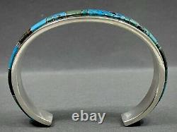 Vintage Navajo Native American Sterling Silver Turquoise Inlay Cuff Bracelet