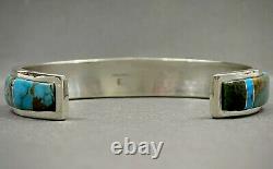 Vintage Navajo Native American Sterling Silver Turquoise Inlay Cuff Bracelet