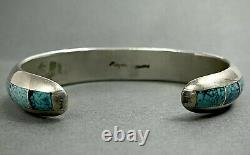 Vintage Navajo Native American Sterling Silver Turquoise Inlay Cuff Bracelet