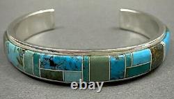 Vintage Navajo Native American Sterling Silver Turquoise Inlay Cuff Bracelet