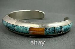 Vintage Navajo Native American Sterling Silver Turquoise Inlay Cuff Bracelet