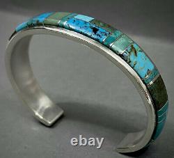 Vintage Navajo Native American Sterling Silver Turquoise Inlay Cuff Bracelet