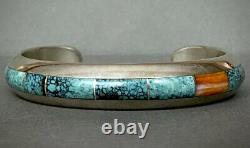 Vintage Navajo Native American Sterling Silver Turquoise Inlay Cuff Bracelet